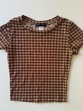 Perfectly Imperfect Houndstooth Baby Tee Brown Fitted Stretch Top S